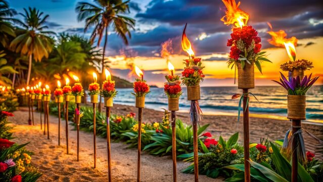 Vibrant tropical flowers, lush greenery, and colorful tiki torches adorn an empty beachside luau setting, exuding festive island atmosphere.