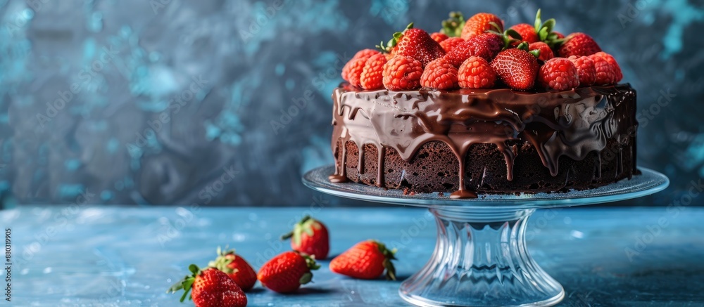 Aufkleber chocolate cake adorned with strawberries on glass plate, set against a blue backdrop with a blank ar