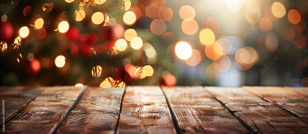Poster Blurred Christmas-themed background with a wooden table in front, creating space for text. Soft focus adds to its artistic appeal. Copy space image included.