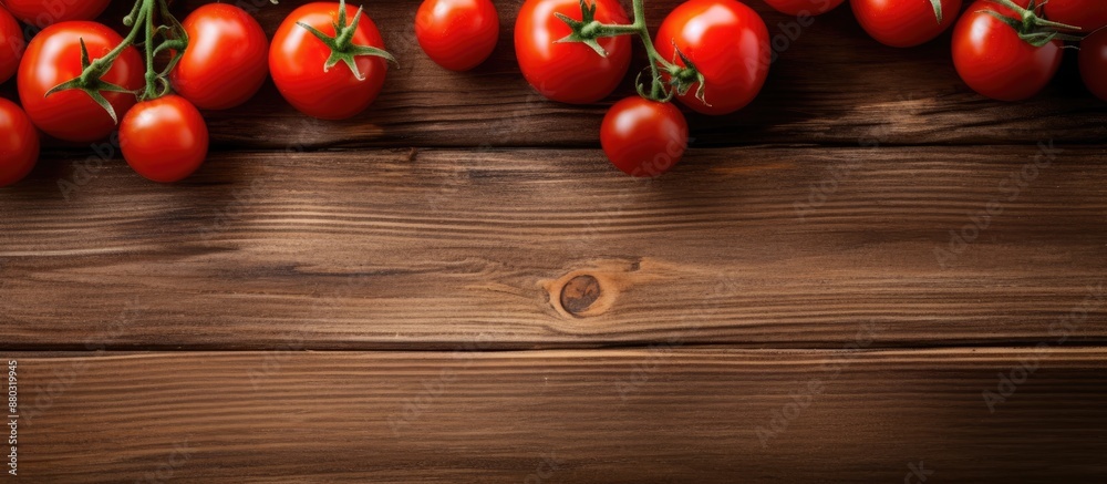 Poster cherry tomatoes placed on a wooden table with a clear space in the image, shot from above.