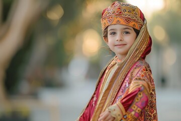Fototapeta premium Young Boy In Traditional Indian Clothing Smiles In A Blurred Background