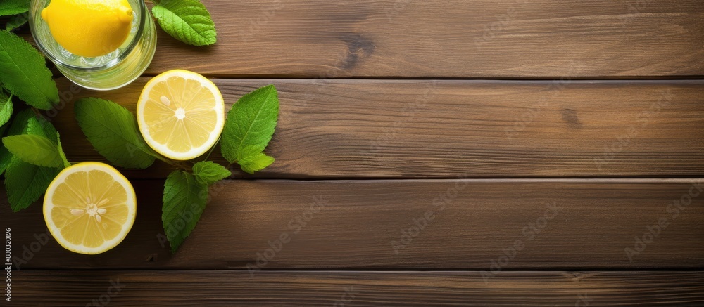 Poster Wooden background hosts a glass of refreshing lemonade with mint leaves and lemons, creating a visually appealing copy space image.