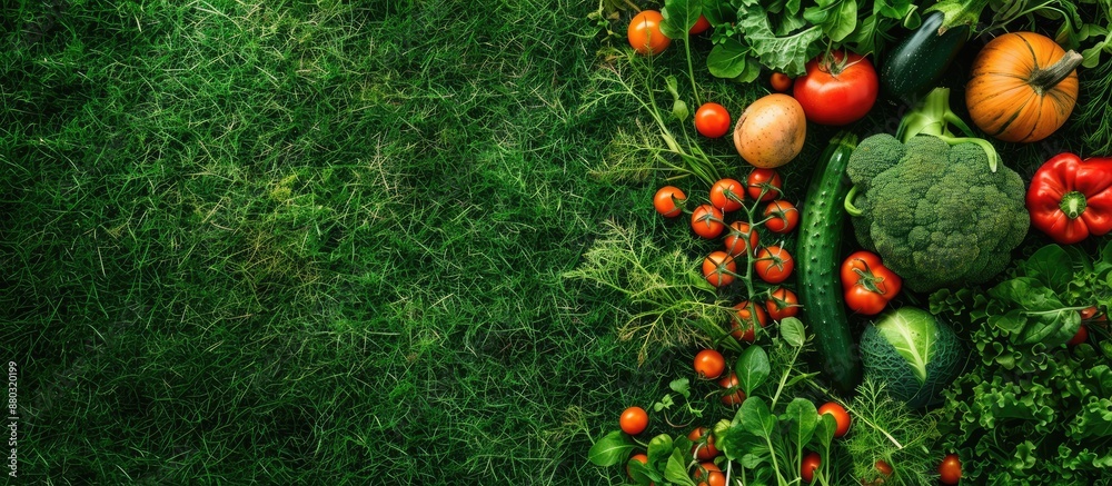Poster fresh vegetables arranged on green grass in a garden, with an empty space for incorporating images.