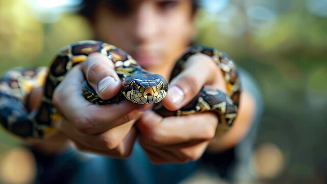Blurred human holding python snake outdoors