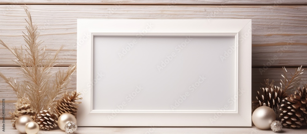 Aufkleber Empty wooden picture frame mockup for Christmas background with decorations and copy space image available for text to convey winter holiday celebration concept.