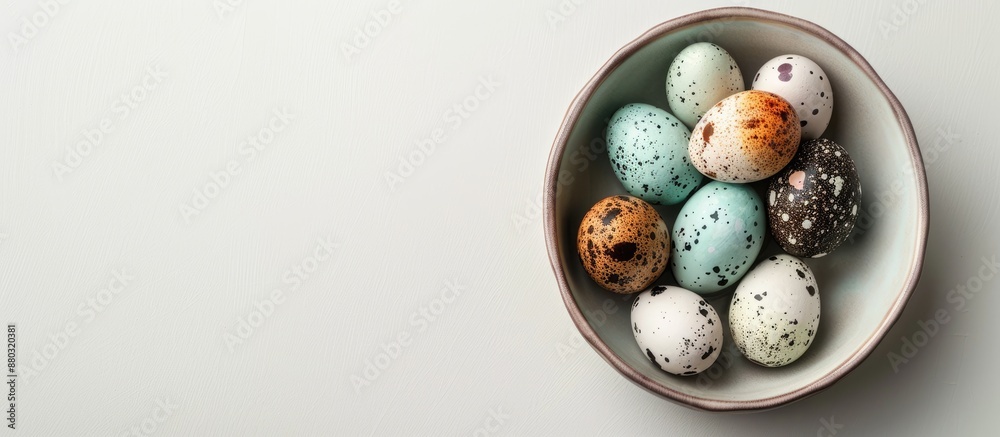Fototapete colorful quail eggs displayed in a small container against a white backdrop, embodying an easter the