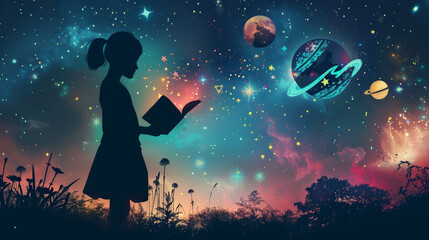 silhouette young girl reads book under stars, showing future success and exploration potential