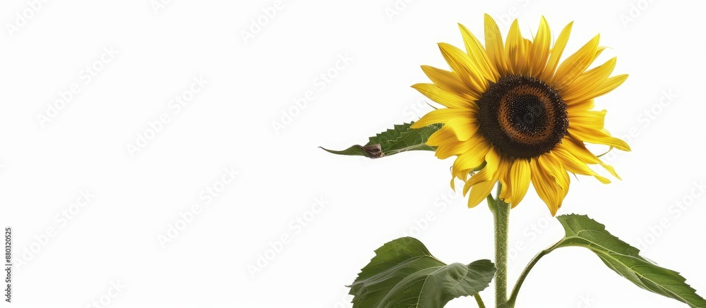 Poster sunflower with leaves isolated against white background, showcasing ample copy space image.