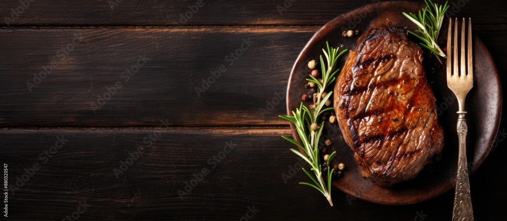 Poster A top-down view of a fork holding a grilled ribeye beef steak on an aged table with a blank space for your text in the image