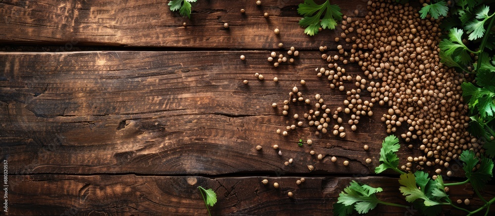 Leinwandbilder A few coriander seeds arranged on the table with empty space for text or image.