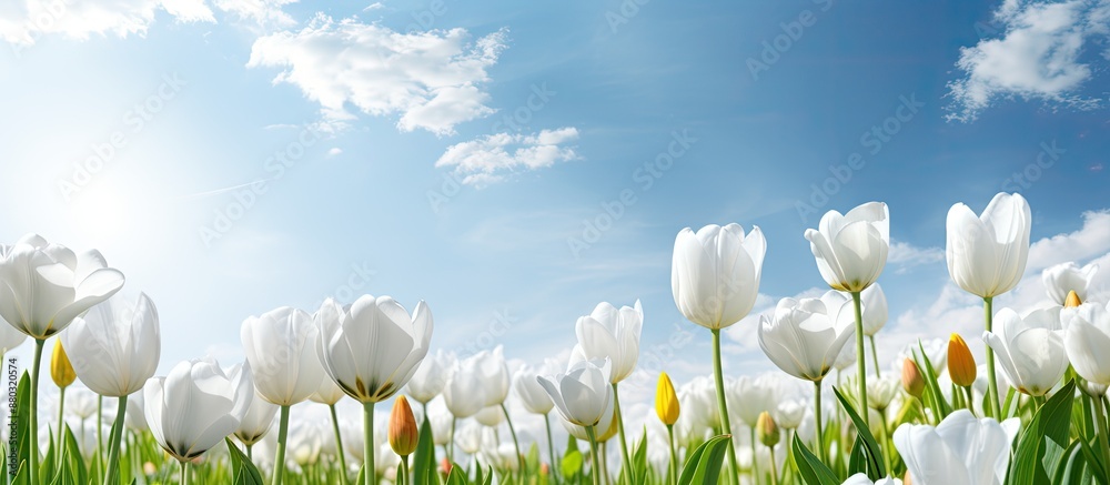 Poster spring tulips in a white flower bed, contrasting beautifully against the backdrop of the sky and tre