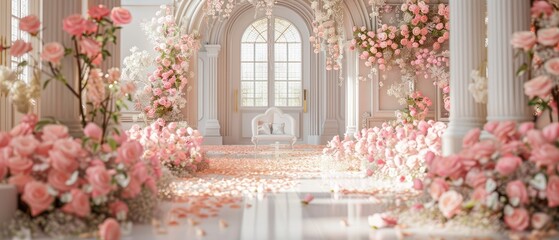 Pink roses illustration featuring an elegant luxury wedding venue interior design ideal for wedding and luxury-themed designs and promotions