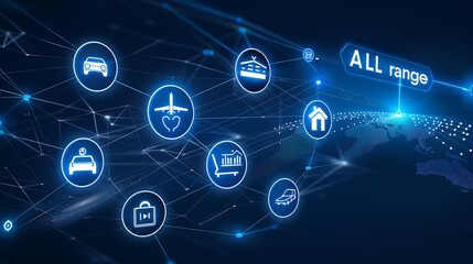 A banner with icons representing different types of insurance coverages, such as home, travel, and car, connected by lines on a blue background. "ALL range" text in white font is at the top right