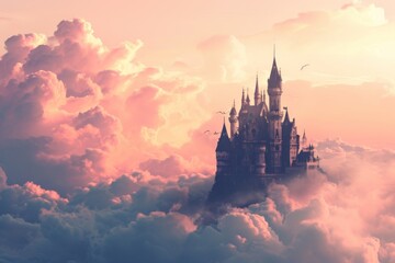 A whimsical fairytale castle in the clouds, A castle in the clouds with misty clouds hovering above it, AI generated