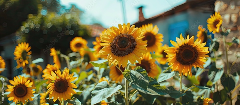 Poster sunflowers in a rural setting with a picturesque background perfect for a copy space image.