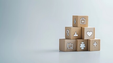 A stack of wooden blocks with icons representing different aspects or challenges in life such as money, family health and travel on top of each other. The background is plain light blue to emphasize