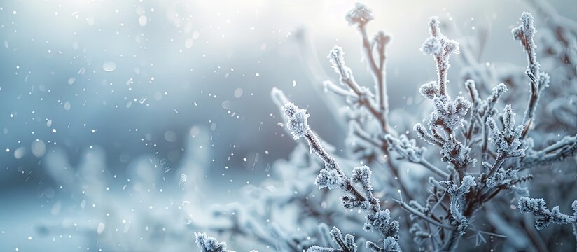 Selective focus image of winter-covered trees and plants, creating a natural scene with copy space image.