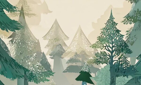 A forest with trees and a mountain in the background. The trees are cut out and appear to be made of paper, giving the scene a whimsical and artistic feel