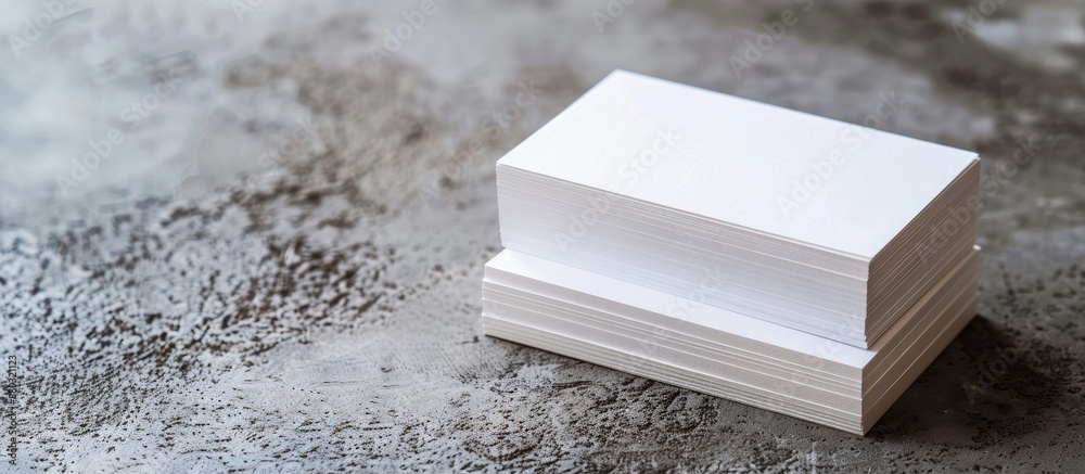 Poster two stacks of blank paper business cards displayed on a textured background, providing copy space im
