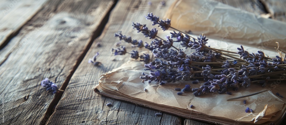 Poster a branch of dried lavender flowers and an empty aromatherapy recipe book placed on a rustic wooden t