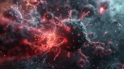 Microscopic View of Virus with Red and Blue Particles