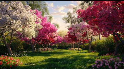 Naklejka premium A picturesque garden with a variety of flowering trees, creating a canopy of blossoms in springtime.