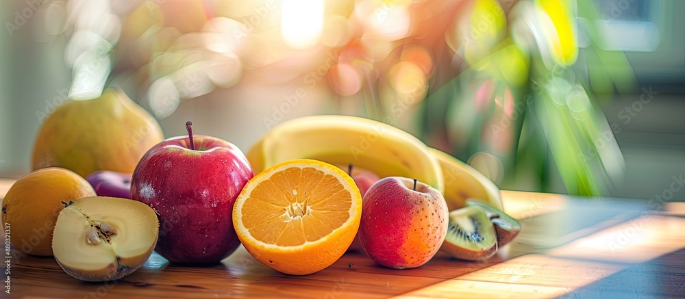 Poster fresh sliced fruits on a table in the afternoon, with a background that leaves space for an image.