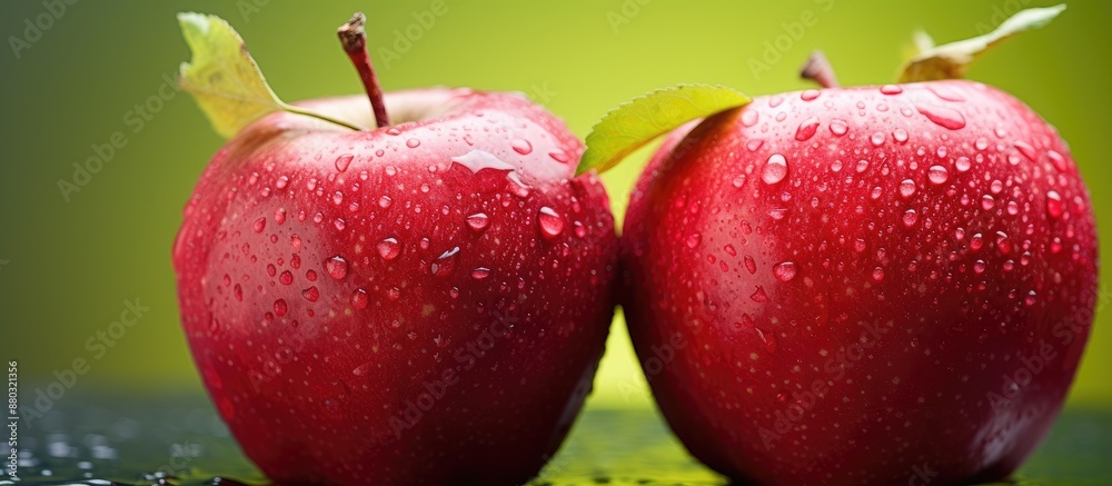 Poster macro image of ripe red apples with water drops on a green background, featuring a shallow depth of 