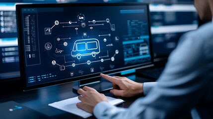 Businessman using a digital train icon for an online transportation services concept on a virtual screen in an office, with a blue technology background showing a man's hand holding a symbol of a bus