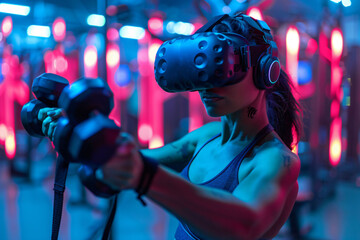 A virtual reality fitness center where individuals participate in interactive, immersive workout programs in futuristic environments.