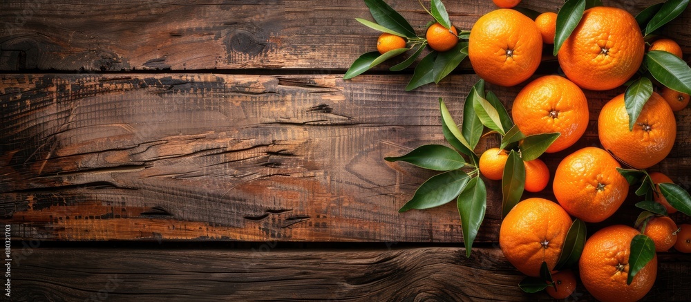 Aufkleber mandarins with leaves arranged on a rustic wooden table, ideal for a copy space image.