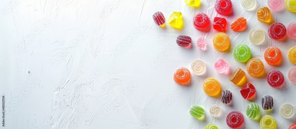 Poster Colorful and tasty candies displayed on a white table with available space for adding text or images, such as a copy space image.