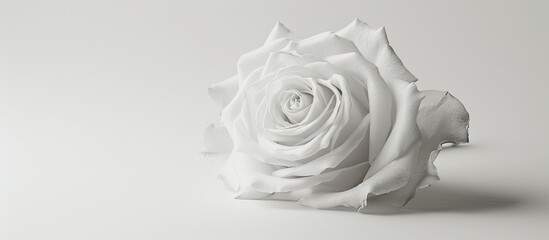A single, bright monochrome white rose blossom in high-key with fine art still life aesthetic against a white background, suitable for copy space image.