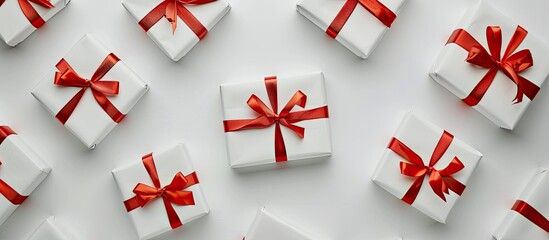 Obraz premium A festive assortment of white gift boxes adorned with vibrant red ribbons displayed on a plain white backdrop, ideal for a holiday-themed 'Merry Christmas and Happy Holidays' copy space image.