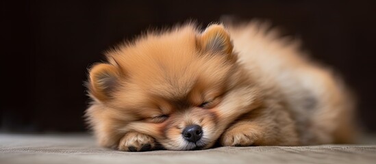 Sleeping Pomeranian puppy with a cute expression, squinting her eyes slightly, in need of rest. Copy space image.