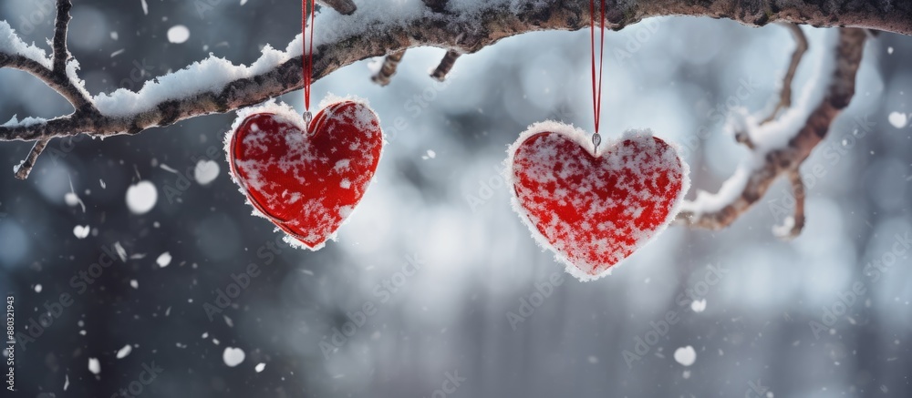 Leinwandbilder A pair of artistic red and white handmade hearts dangle from a snow-covered fir branch in the forest, creating a Valentine's Day-themed background with room for additional imagery.