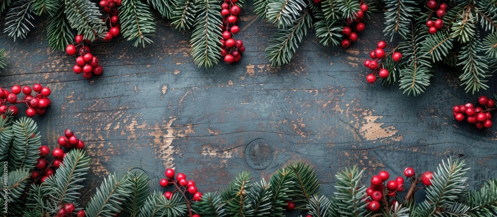 Aufkleber circular arrangement of green christmas tree branches and red viburnum berries on a wooden backdrop 