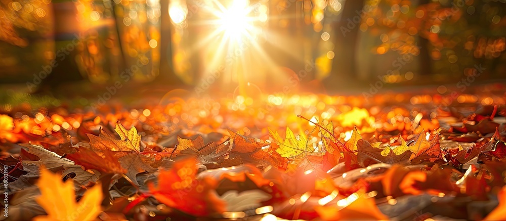 Aufkleber bright sunshine illuminates fallen leaves in an autumn forest creating a picturesque scene with abun