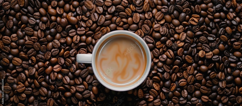 Poster a coffee cup surrounded by scattered coffee beans is displayed in the copy space image.