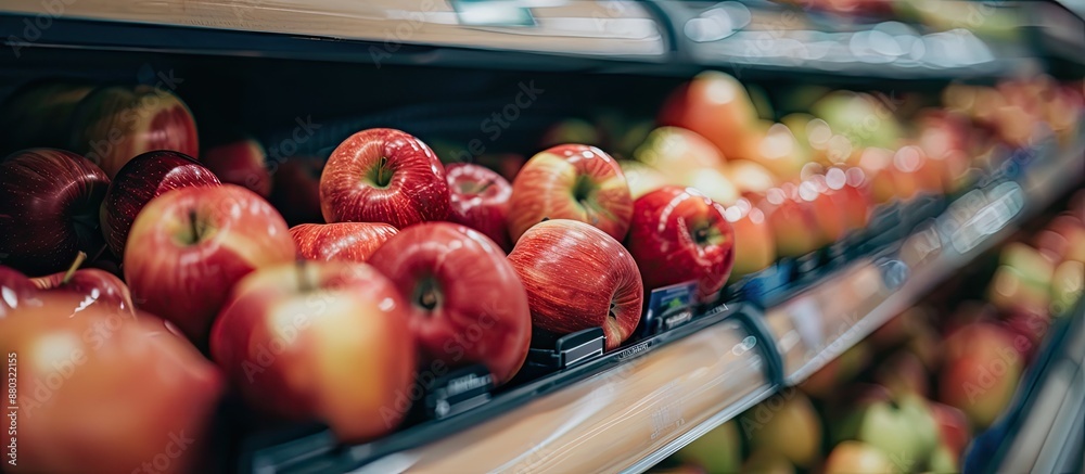 Aufkleber fresh apples are available for purchase at the supermarket with a copy space image.