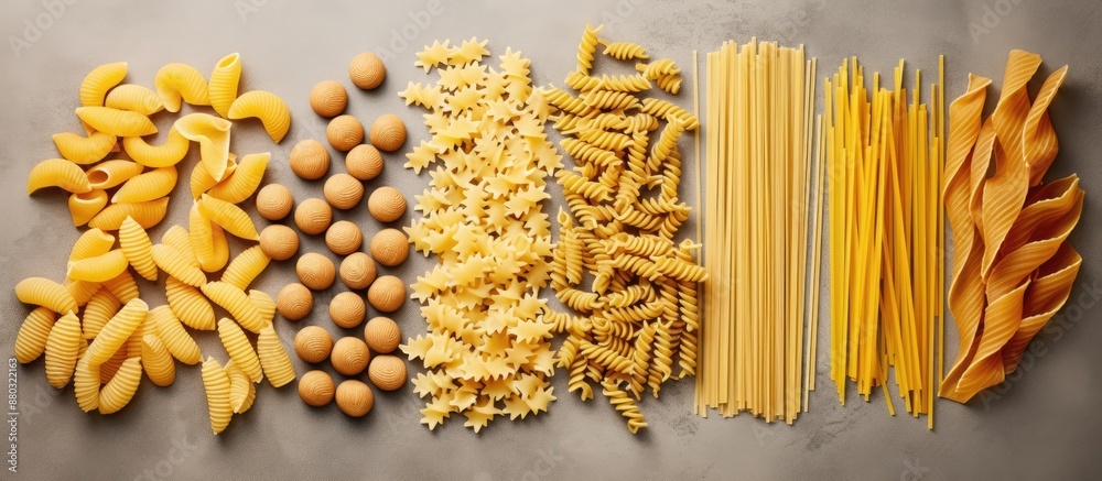 Poster various types of uncooked pasta like penne, fusilli, farfalle, and spaghetti arranged on a light con