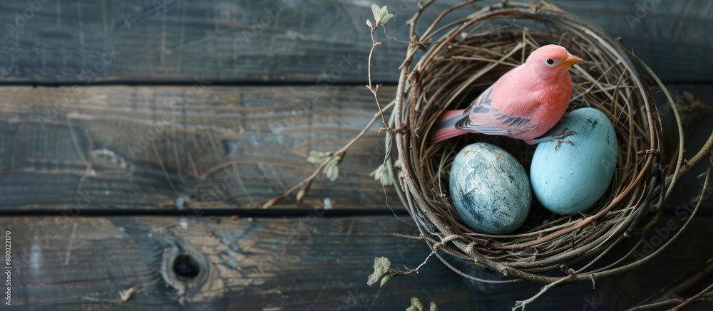 Poster a pink bird sitting on an easter egg in a nest against a dark wooden background with ample copy spac