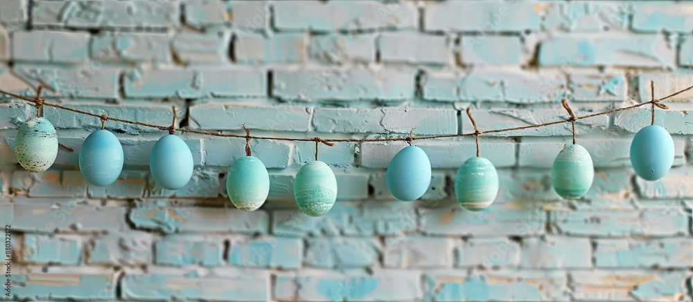 Poster turquoise easter eggs dangle on a string in front of a blank brick wall, with ample copy space image