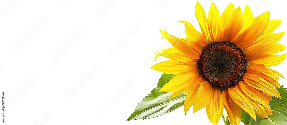 Poster sunflower with leaves isolated against white background, showcasing ample copy space image.