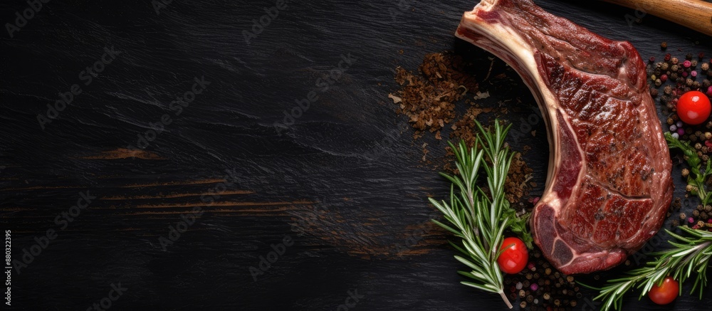 Poster Top view of a tomahawk steak on the bone, presented on a black wooden surface with free copy space image available.
