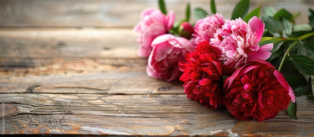 Poster a charming floral background featuring red and pink peonies on a wooden table, ready for your messag