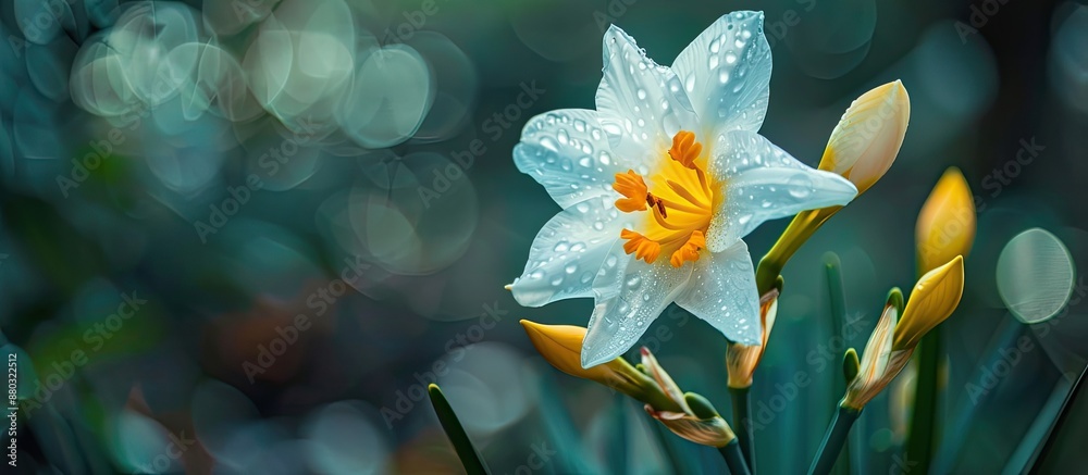 Aufkleber close-up of a white and yellow flower with buds in a natural setting, with space for adding text or 