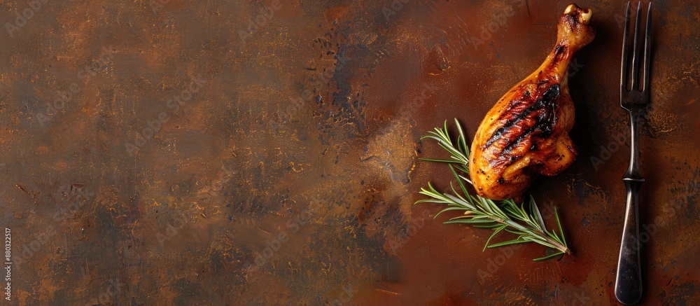 Aufkleber grilled chicken leg on a fork with rosemary on a brown backdrop, featuring a copy space image.