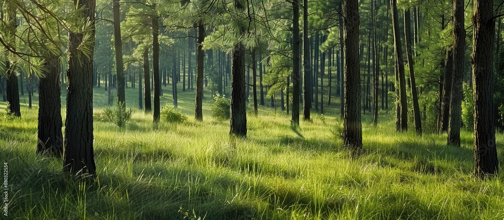 Poster In a serene forest setting, lush green grasses complement the tall pine trees with a backdrop ideal for a copy space image.