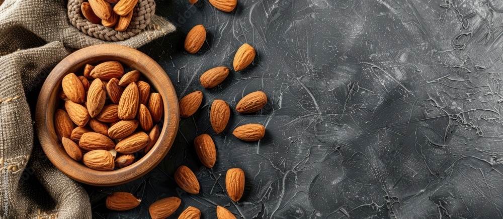 Poster Almond nut and milk neatly arranged on a table with plenty of copy space image.